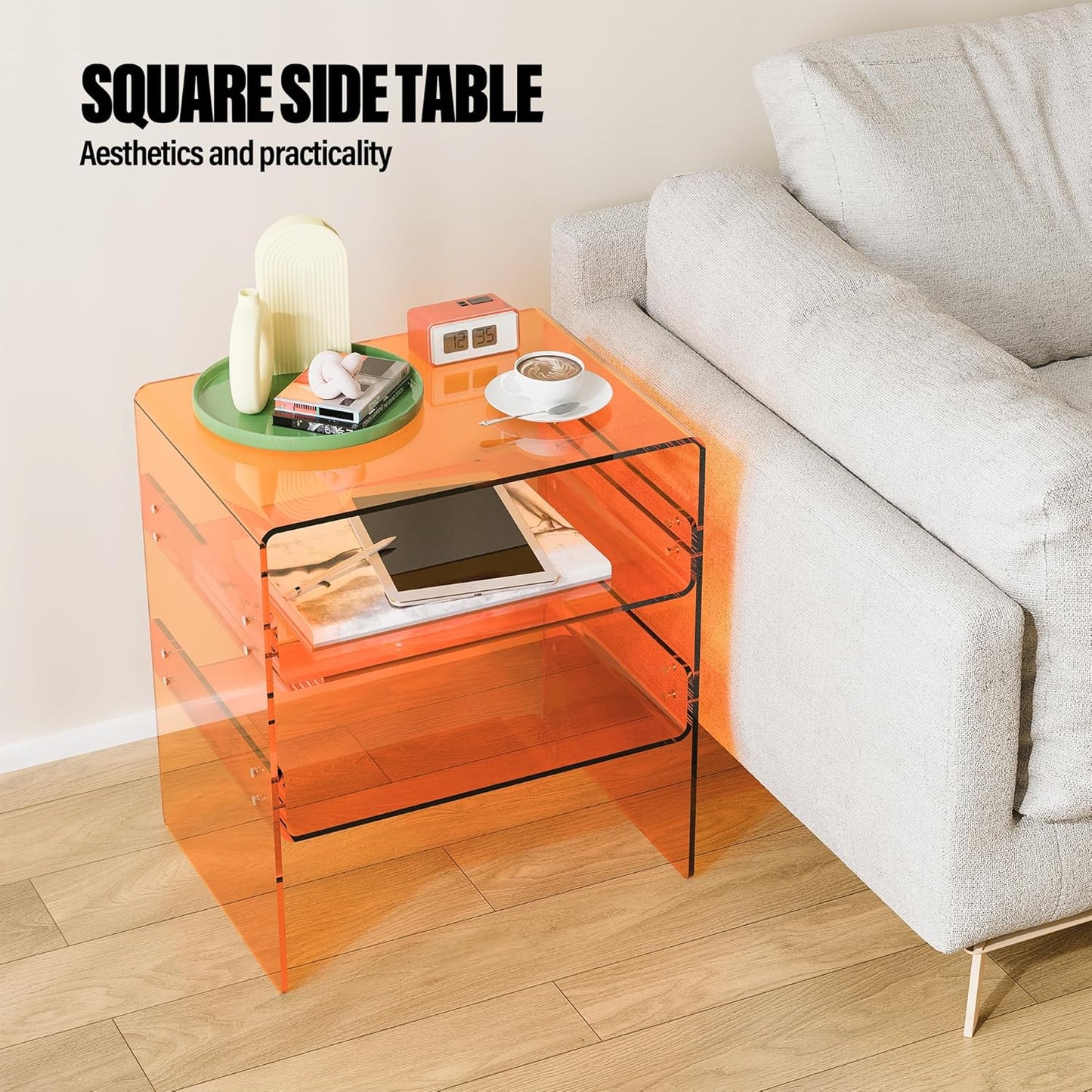 Acrylic 2-Tier Side Table with Storage Mini Modern End Table/Nightstand with Double Shelves for Bedroom, Living Room, and Bathroom Easy Assembly Orange