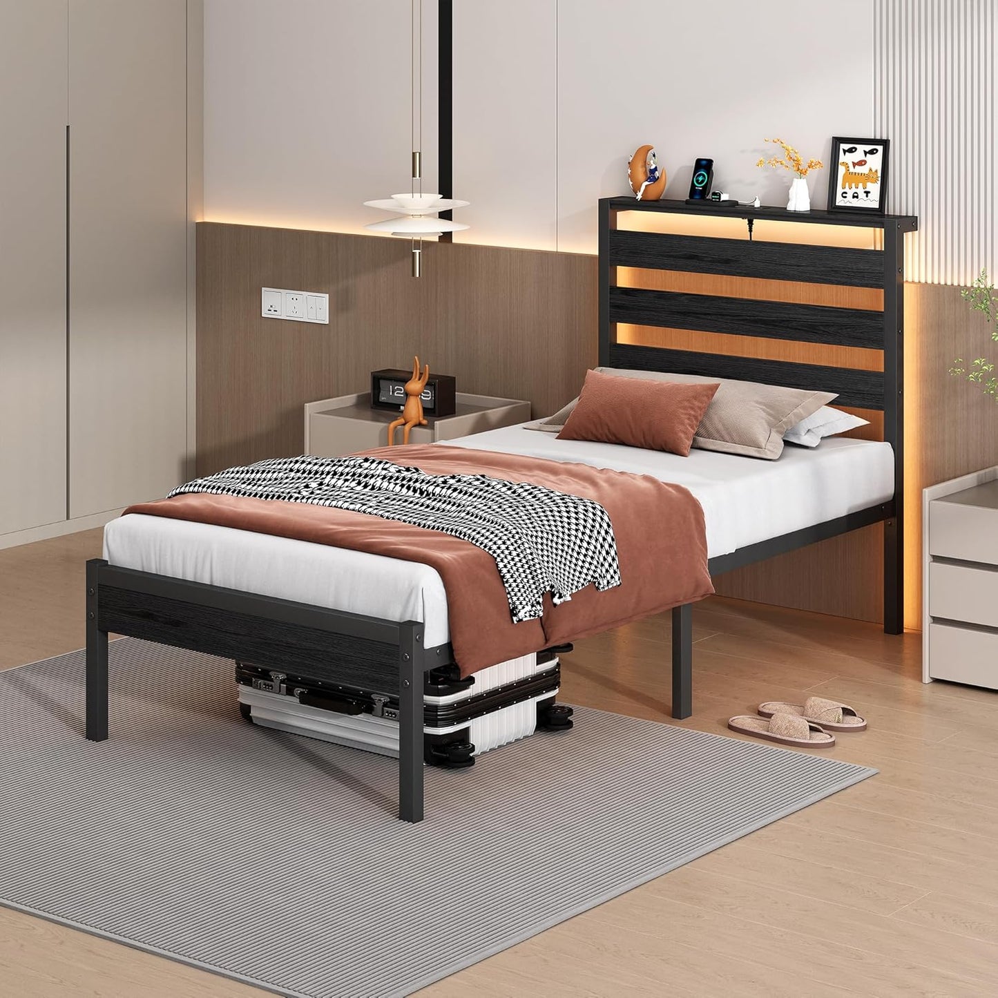 14 Inch Classic Metal Platform Bed Frame-Twin Bed Frame with Headboard,Steel Slats Support-LED Bed Frame with USB Charging Station,Under Bed Storage,No Box Spring Needed,Noise Free