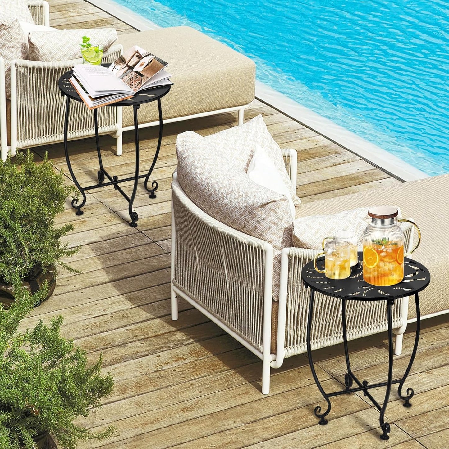 2 Pack Outdoor Side Tables for Patio, Weather Resistant Steel Patio Side Table, Small Round Outdoor End Table Metal Side Table for Patio Yard Balcony Garden Black (Turtle Leafl)