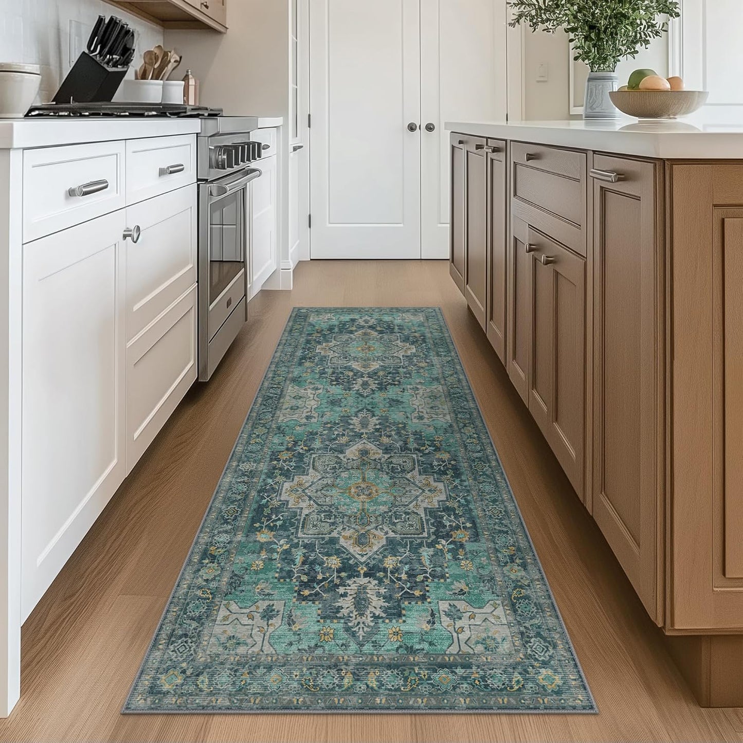 GENIMO 2x10 Runner Rugs for Hallway, Machine Washable Non Slip Vintage Rugs, Low Pile Lightweight Soft Print Rug for Enrtyway, Corridor, Home Office, Kitchen, Dark Green