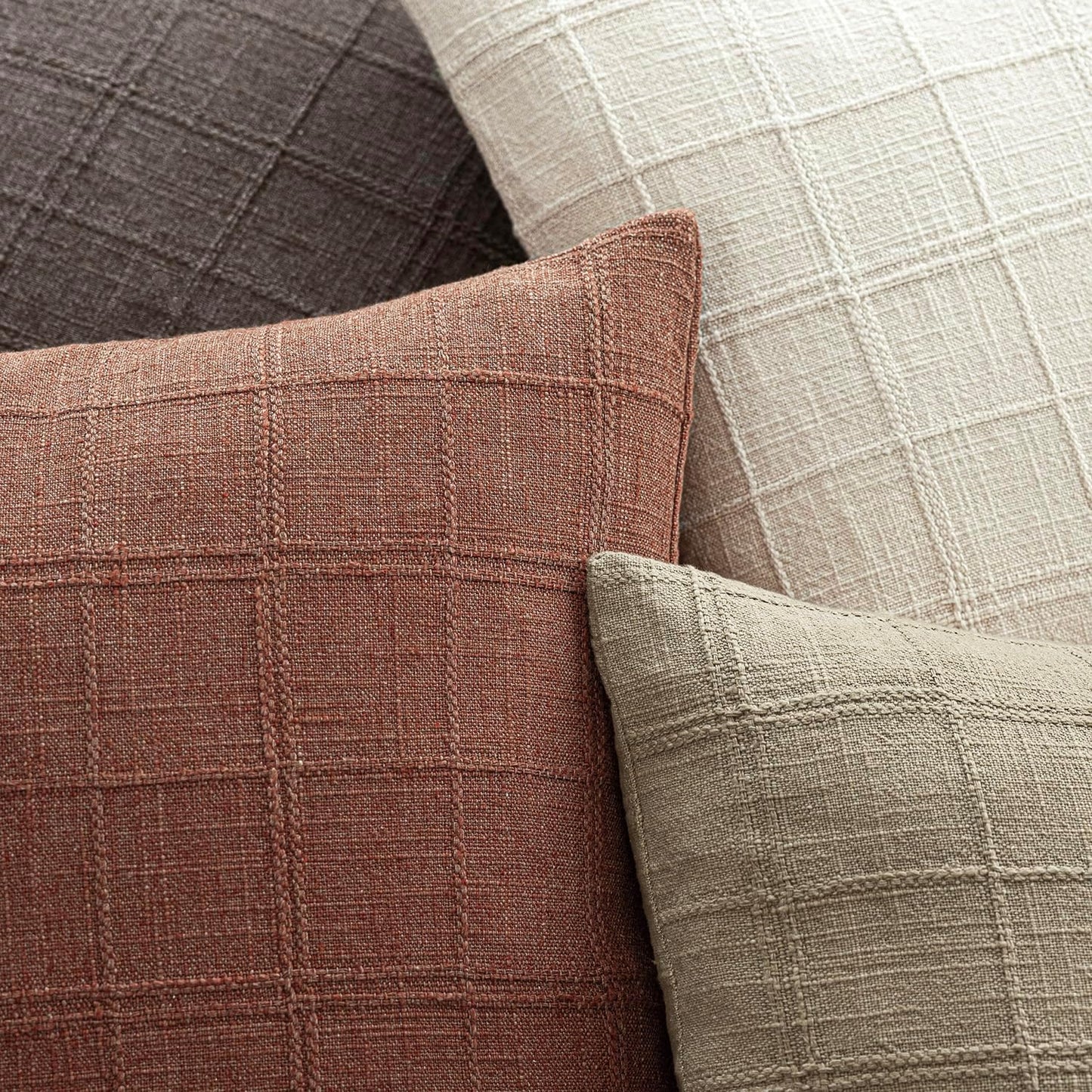 Foindtower Set of 2 Decorative Linen Check Throw Pillow Covers Neutral Farmhouse Vintage Cushion Covers Modern Boho Home Decor for Sofa Chair Couch Bedroom Living Room Outdoor,26×26 Inch,Autumnal Red