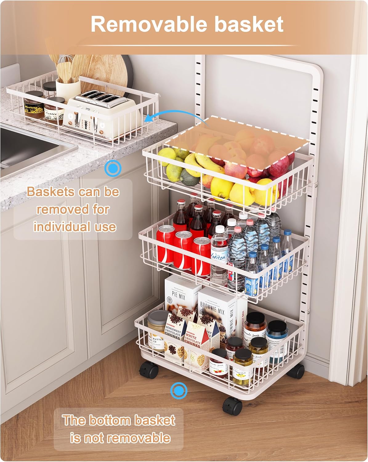 UMDONX 4-Tier Kitchen Storage Cart Metal Snack Cart Adjustable Fruit Basket on Wheels Stand Baskets for Potato Onion Produce White