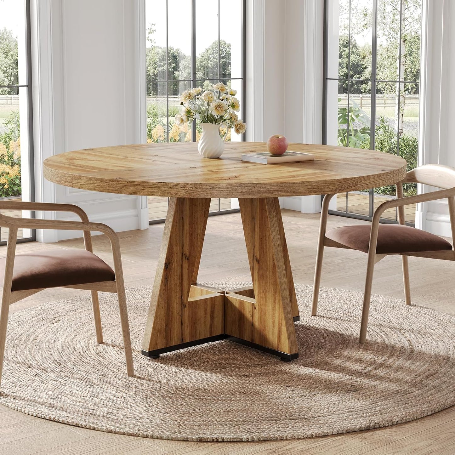 LITTLE TREE Round Dining Table for 4-6 People, 47 Inches with Wooden Pedestal Base, Modern Dinner Table for Dining Room, Kitchen, Living Room