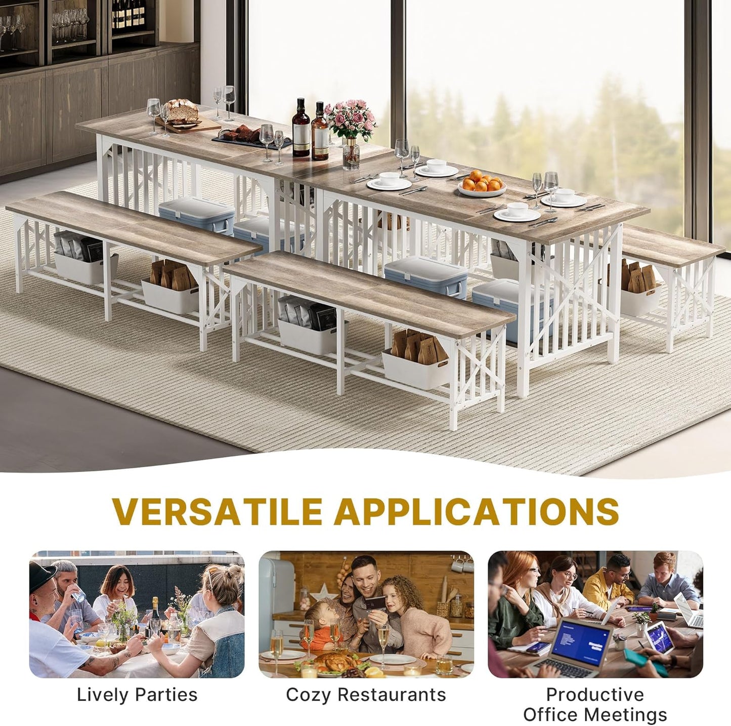 DWVO 3-Piece Dining Table Set for 4-6 People, 63" Dining Room Table with 2 Benches, Industrial Rectangular Dining Room Table Set with Storage for Kitchen, Dining Room, Washed Grey