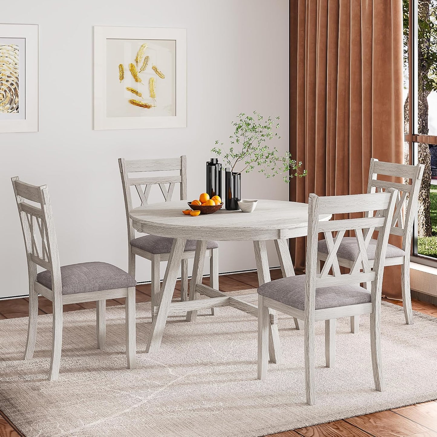5-Piece Solid Wood Dining Table Set for 4, Modern Breakfast Dinette Kitchen Table with Chairs for Dining Room, Kitchen, Grey