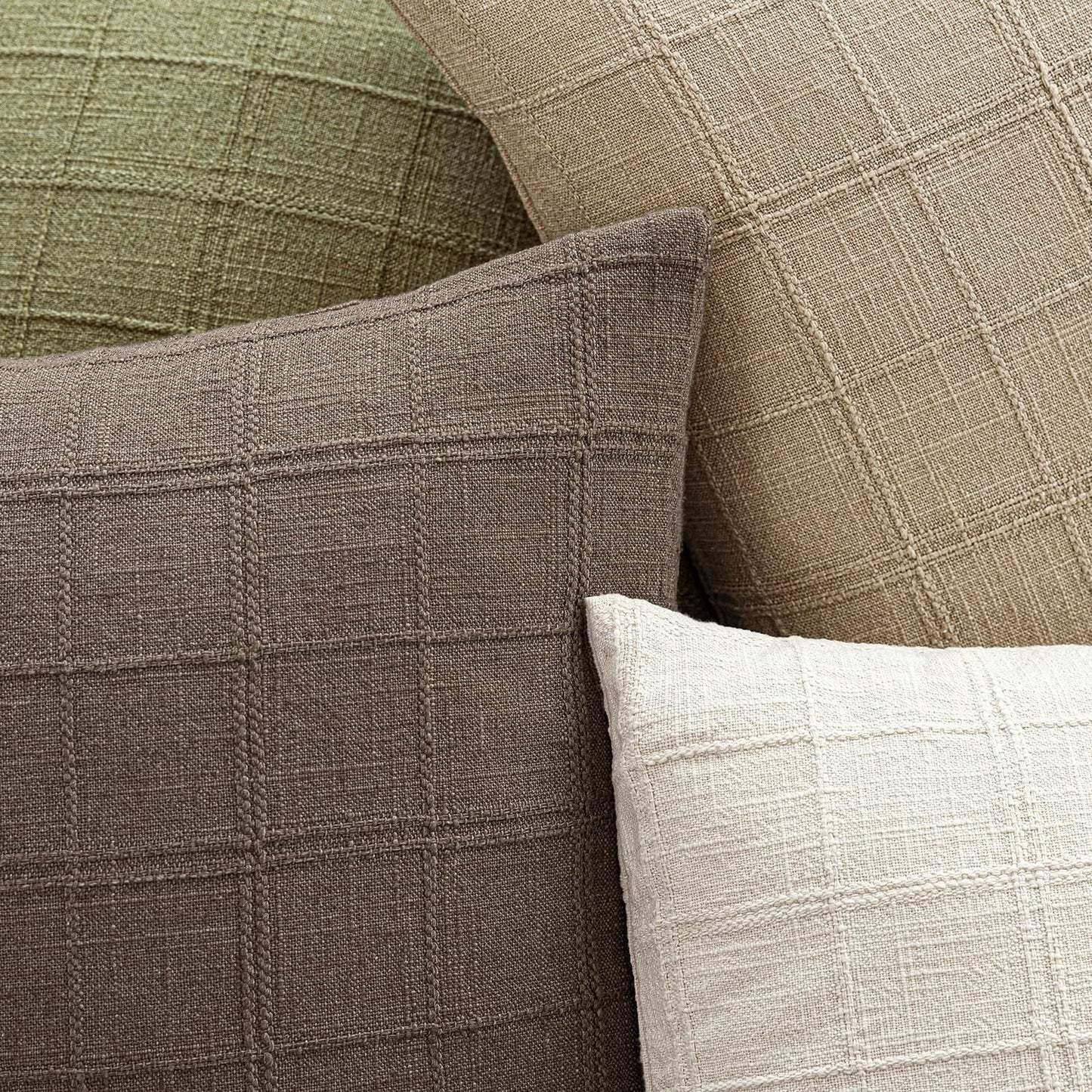 Foindtower Set of 2 Decorative Linen Check Throw Pillow Covers Neutral Farmhouse Vintage Cushion Covers Modern Boho Home Decor for Sofa Chair Couch Bedroom Living Room Outdoor,18×18 Inch,Taupe Grey