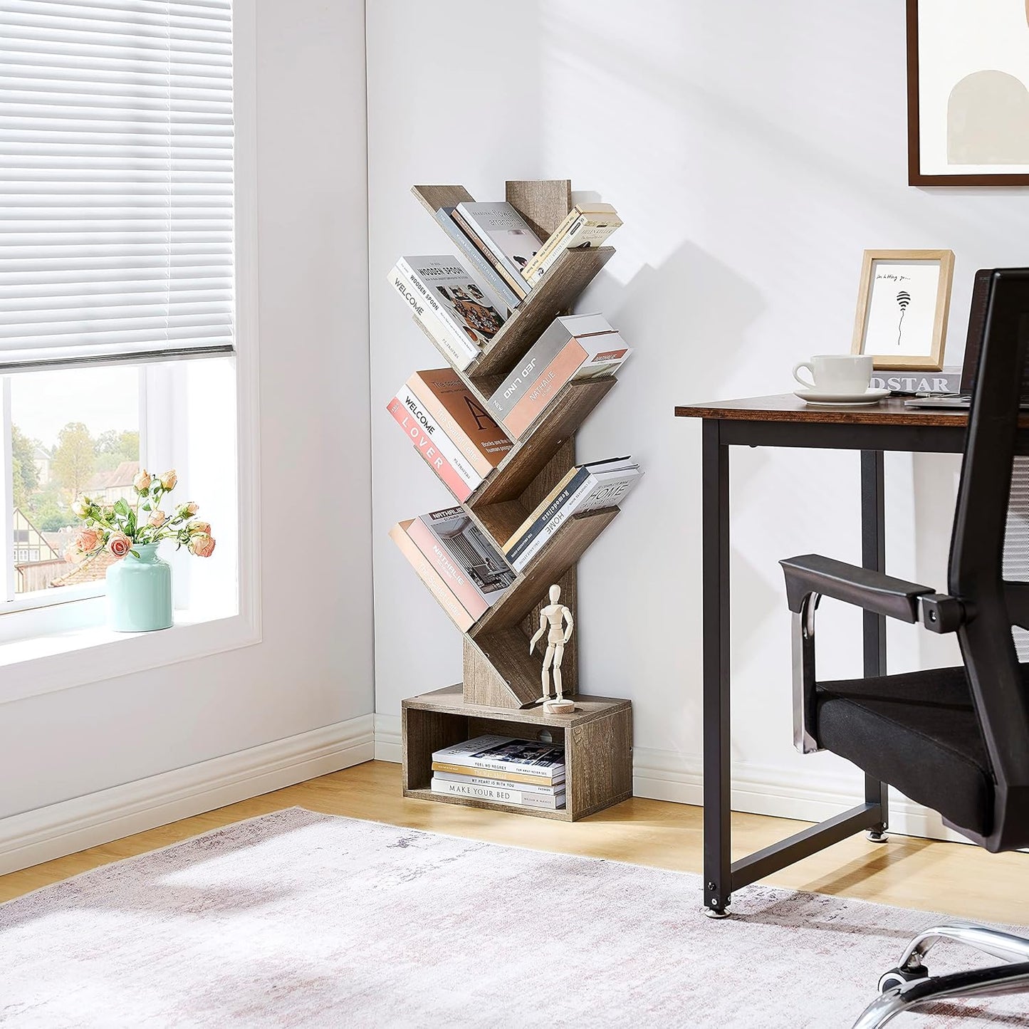 Hoctieon 6 Tier Tree Bookshelf, Tall Bookcase with Drawer, Freestanding Book Shelf, Display Floor Standing Storage Shelf, Book Organizer Shelves for Home Office, Living Room, Bedroom, Greige