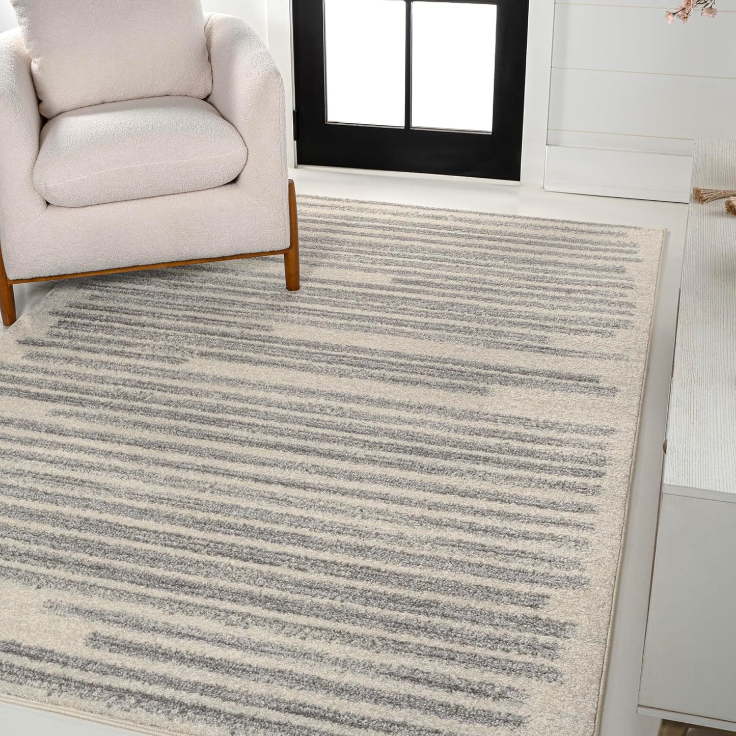 JONATHAN Y Khalil Modern Berber Stripe Cream/Gray Indoor Area Rug, 4x6, Contemporary, Bohemian, Easy-Cleaning for Living Room, Bedroom, Kitchen, Pet Friendly, Non-Shedding (MOH207C-4)