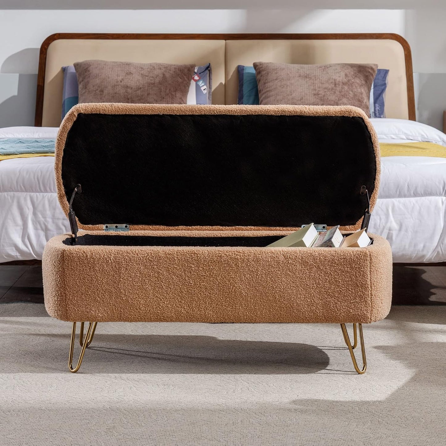 Storage Ottoman Bench with End of Bed Gold Legs,Modern Faux Fur Entryway Long Stool Upholstered Padded W/Safety Hinge,for Bedroom LivingRoom Window Side,Camel