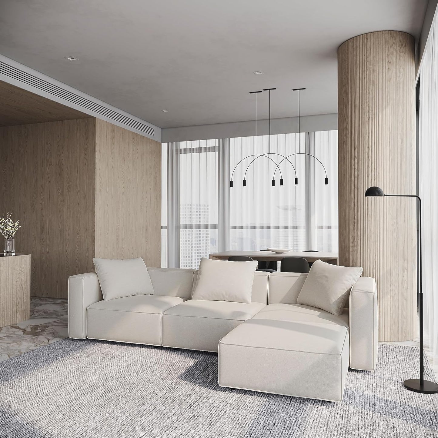 Acanva Luxury Modular Sectional Living Room Sofa Set, Modern Minimalist Style Couch with Ottoman and Chaise, L-Shape, Linen-Like Cream