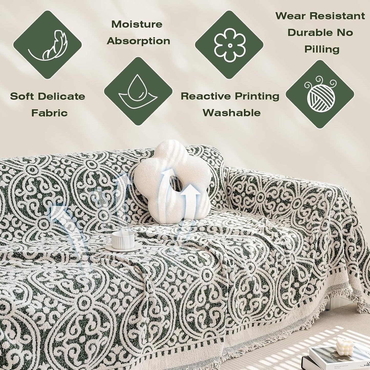 STACYPIK Green Jacquard Sofa Cover - Anti-Scratch Chenille Furniture Protector for 3 Cushion Couch - French Floral Dog Pet Cushion Protector - Futon Cover 71x150IN