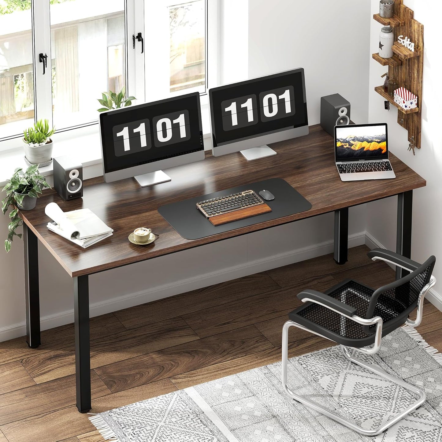 Need 63 Inch Large Computer Desk - Modern Simple Style Home Office Gaming Desk, Basic Writing Table for Study Student, Black Metal Frame, Walnut