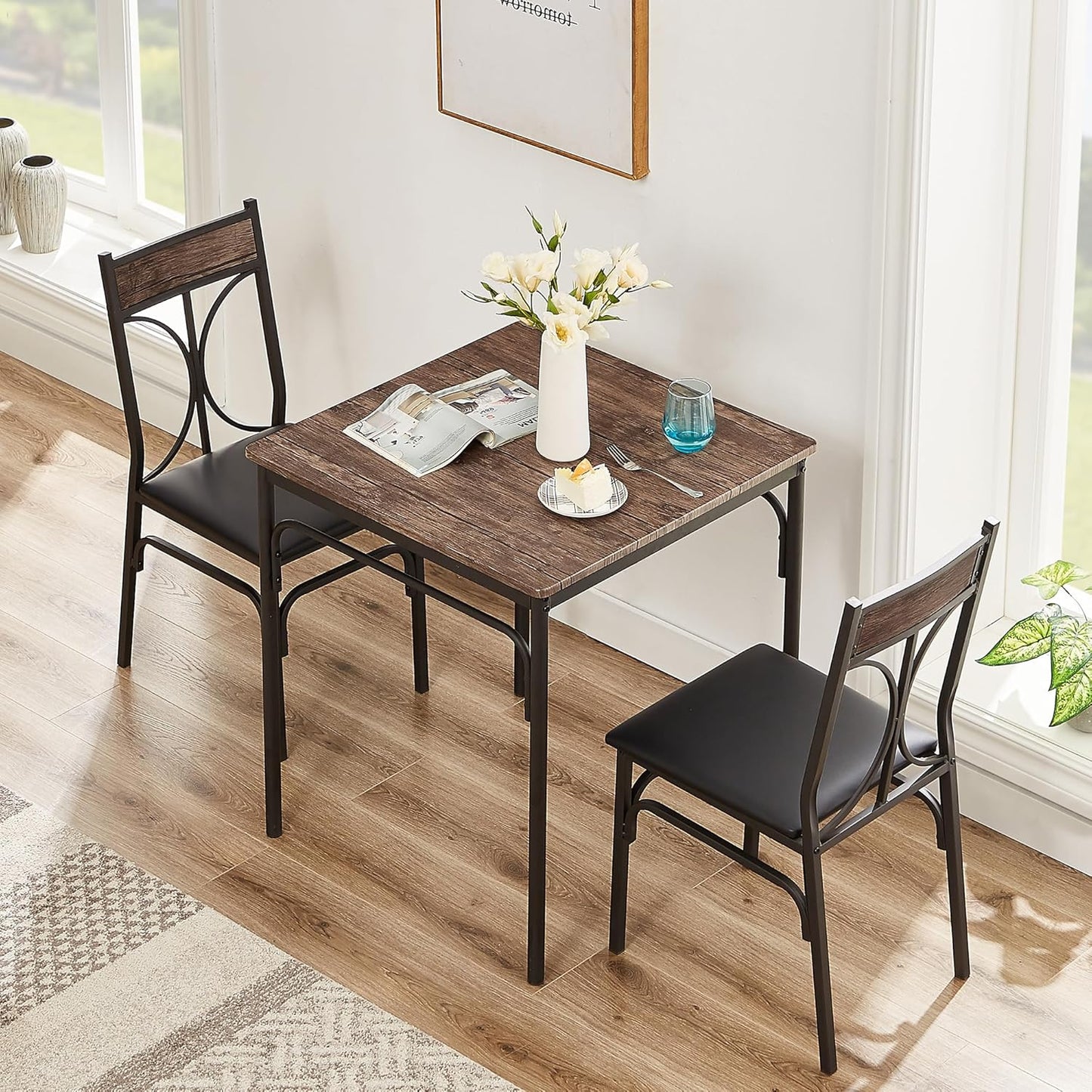 VECELO Kitchen Dining Room Table Set with 2 Chairs for Small Space, Apartment,Metal Steel Frame