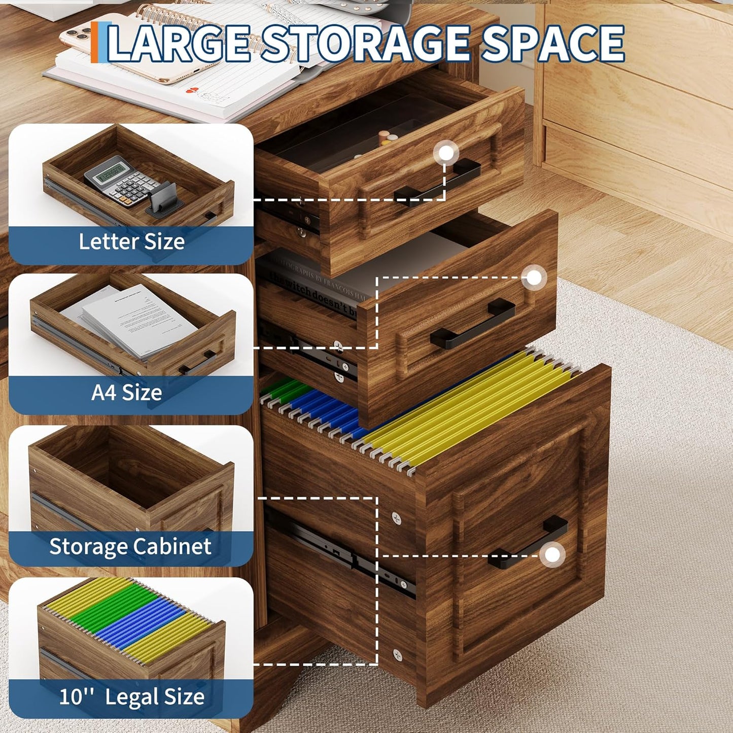 Executive Office Desk, Farmhouse 58" Office Desk with Storage, Wood Executive Computer Desk with Keyboard Tray, File Drawer, Storage Cabinet for Home Office Remote Work-Brown Wood