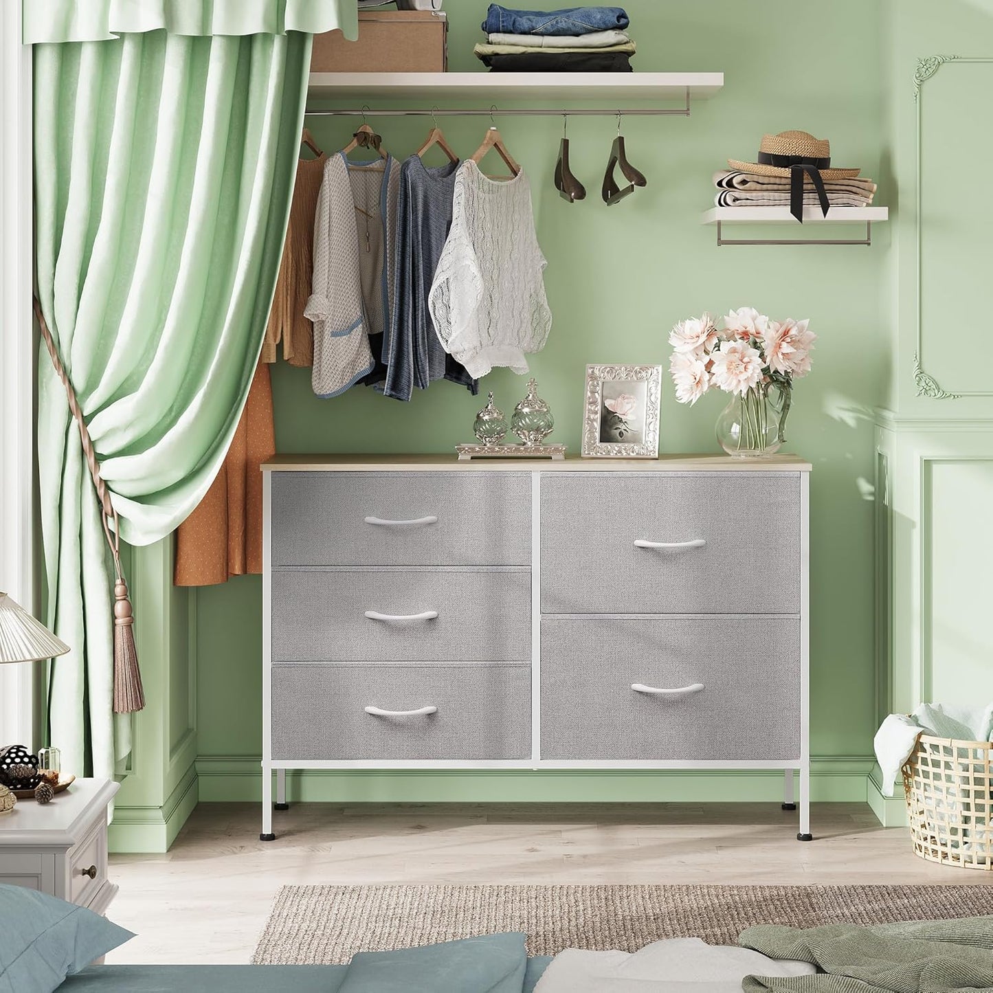 WLIVE Dresser for Bedroom with 5 Drawers, Wide Bedroom Dressers with Drawer Organizers, Chest of Drawers, Fabric Dresser for Living Room, Closet, Hallway, Light Grey