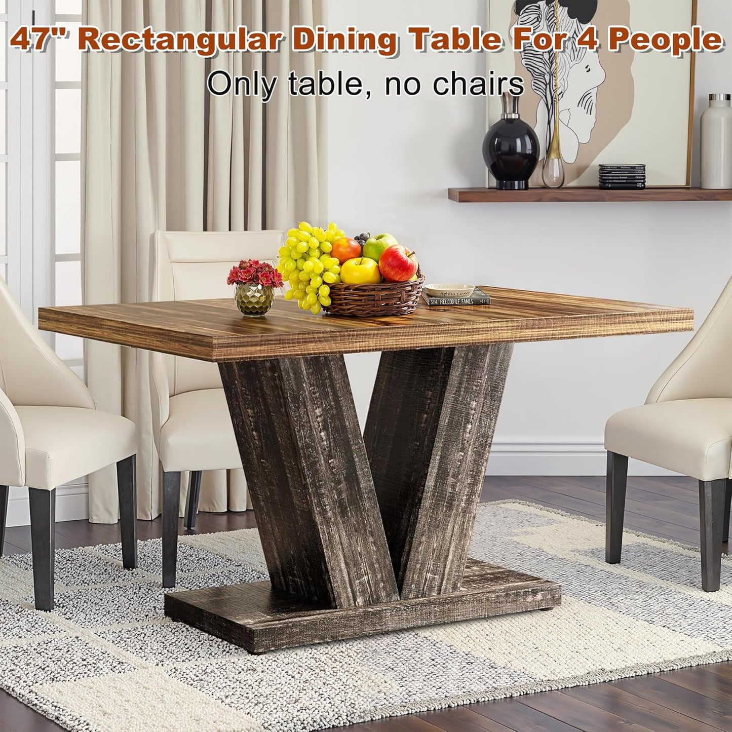 47 Inch Dining Table for 4, Farmhouse Dinner Table Wooden Kitchen Tables with Heavy Duty Pedestal for Dining Room, Kitchen, Living Room, Brown & Black