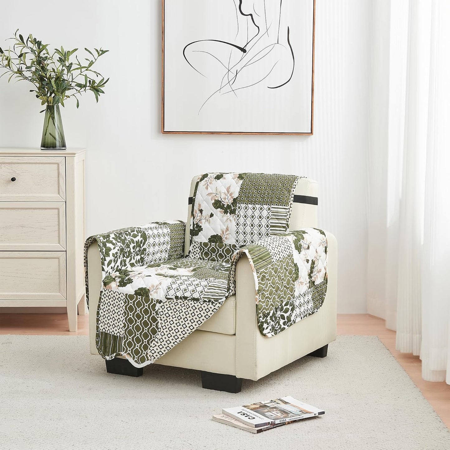 Great Bay Home Reversible Patchwork Chair Cover - Washable Slipcover Furniture Protector with Elastic Straps - Chair Cover for Dogs, Kids, and Pets - Box-Stitched Detail (Chair, Olive/Brown)