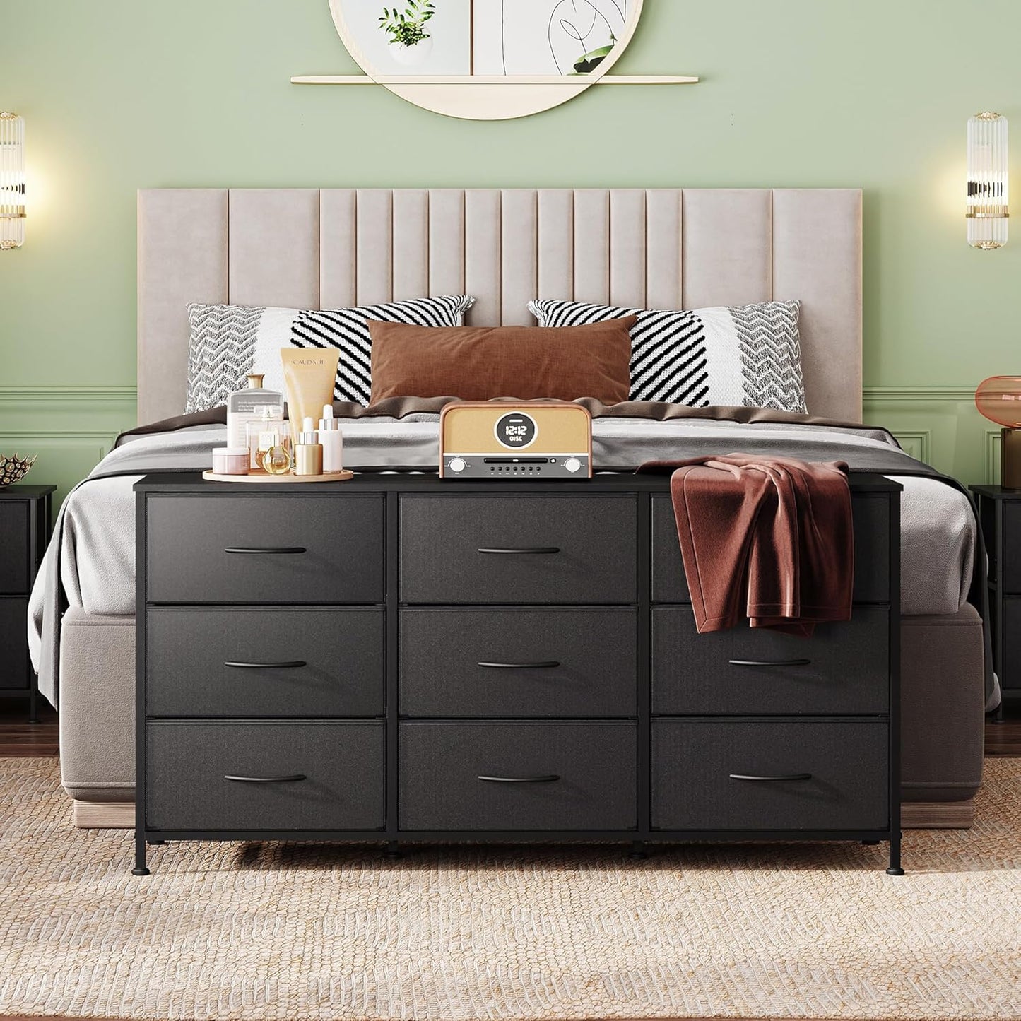 WLIVE 47''W Dresser for Bedroom, Black Dresser TV Stand for 45, 50, 55 inch TV, Wide Chest of Drawers with 9 Drawer, Large Entertainment Center, Fabric Dressers with Wood Top for Closet, Living Room