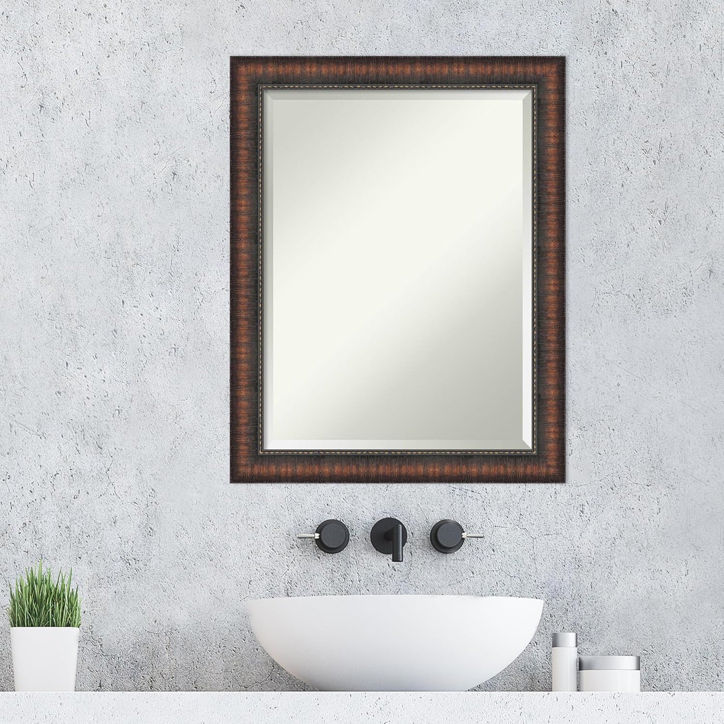 Amanti Art Brown Wall Mirror 28x22 Caleb Brown Rectangle Bathroom Mirror for Wall Decor Living Room, Medium Rustic Farmhouse Frame, Hangs Horizonally and Vertically, Bathroom Decor, Beveled Edge