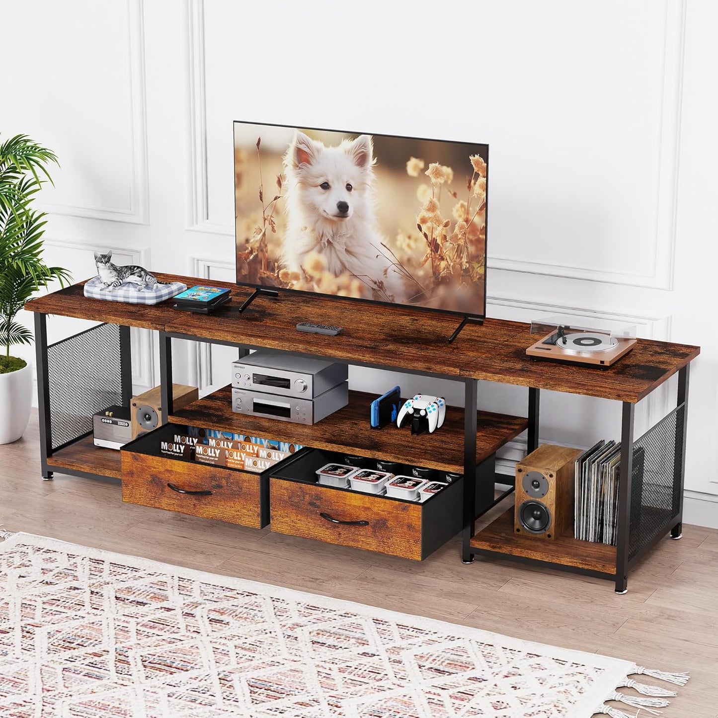 TV Stand with Drawers and Open Storage Shelves for 75 70 65 Inch TV, Entertainment Center with Open Storage Shelves, Industrial Media TV Console Table for Living Room Bedroom Office, Rustic Brown