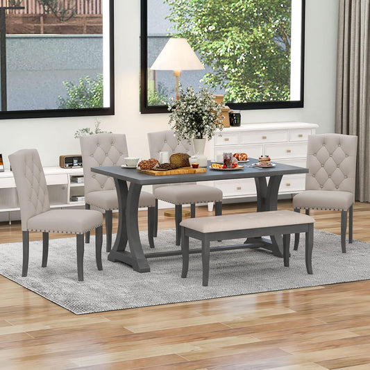 Ball & Cast Dining Table Set for 6, 60" Rectangular Dining Room Table with 4 Upholstered Chairs and 1 Bench, 6-Piece Farmhouse Dining Furniture Set with Solid Wood Legs for Kitchen,Antique Gray