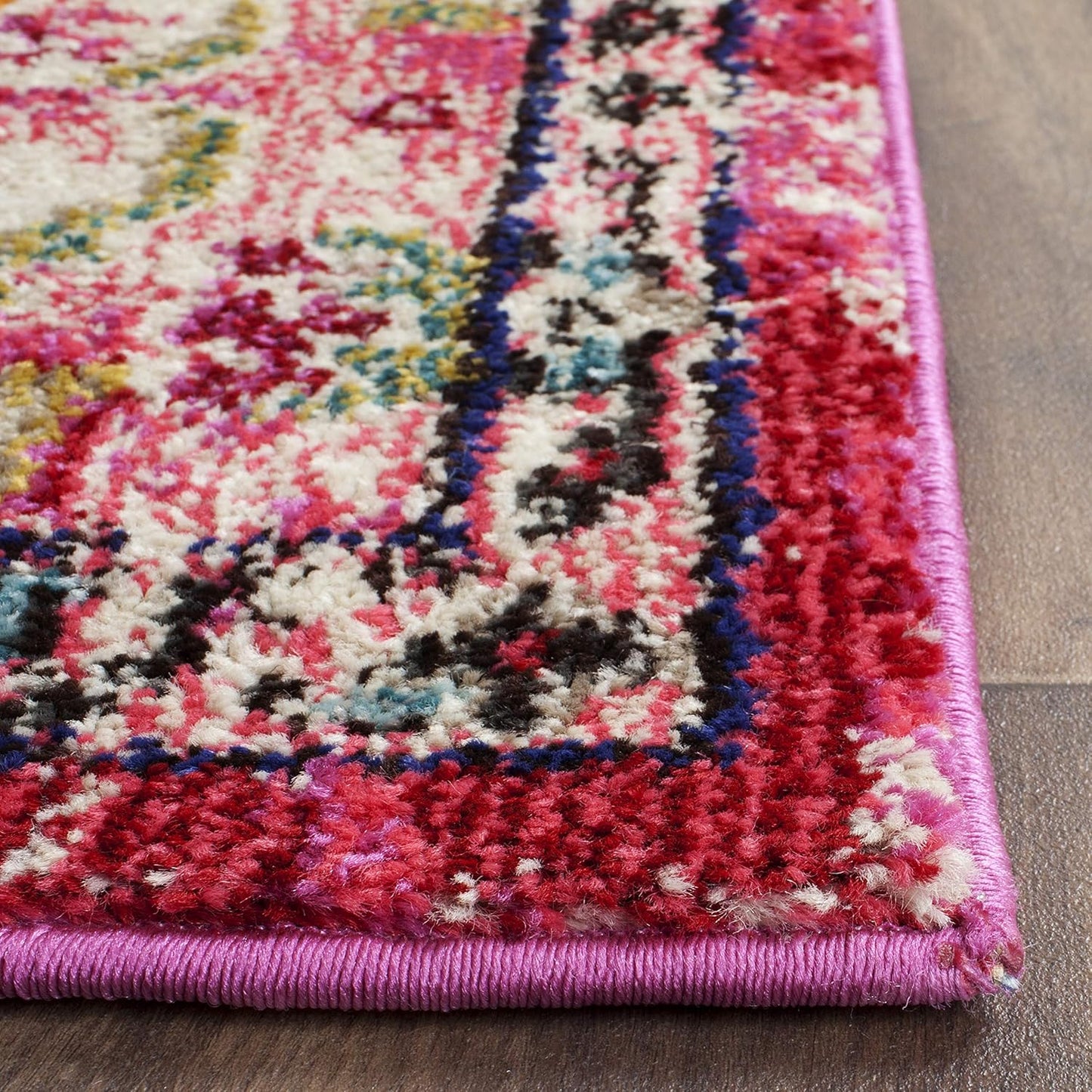 SAFAVIEH Monaco Collection Area Rug - 8'8" Round, Pink & Multi, Boho Chic Medallion Distressed Design, Non-Shedding & Easy Care, Ideal for High Traffic Areas in Living Room, Bedroom (MNC243D)