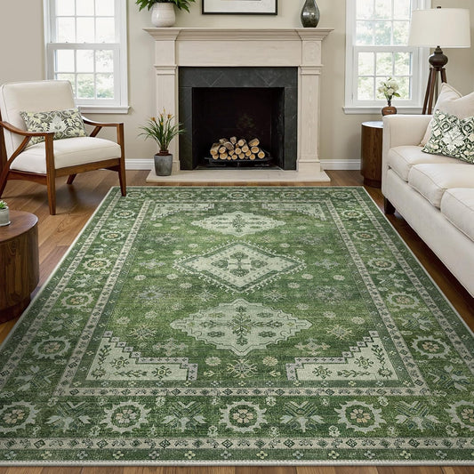 GENIMO Washable Rug 8X10 Area Rugs for Living Room Bedroom, Machine Washable Area Rug, Print Vintage Tribal Aesthetic Carpet, Low Pile Mat with Non Slip Rubber Backing, Distressed Green