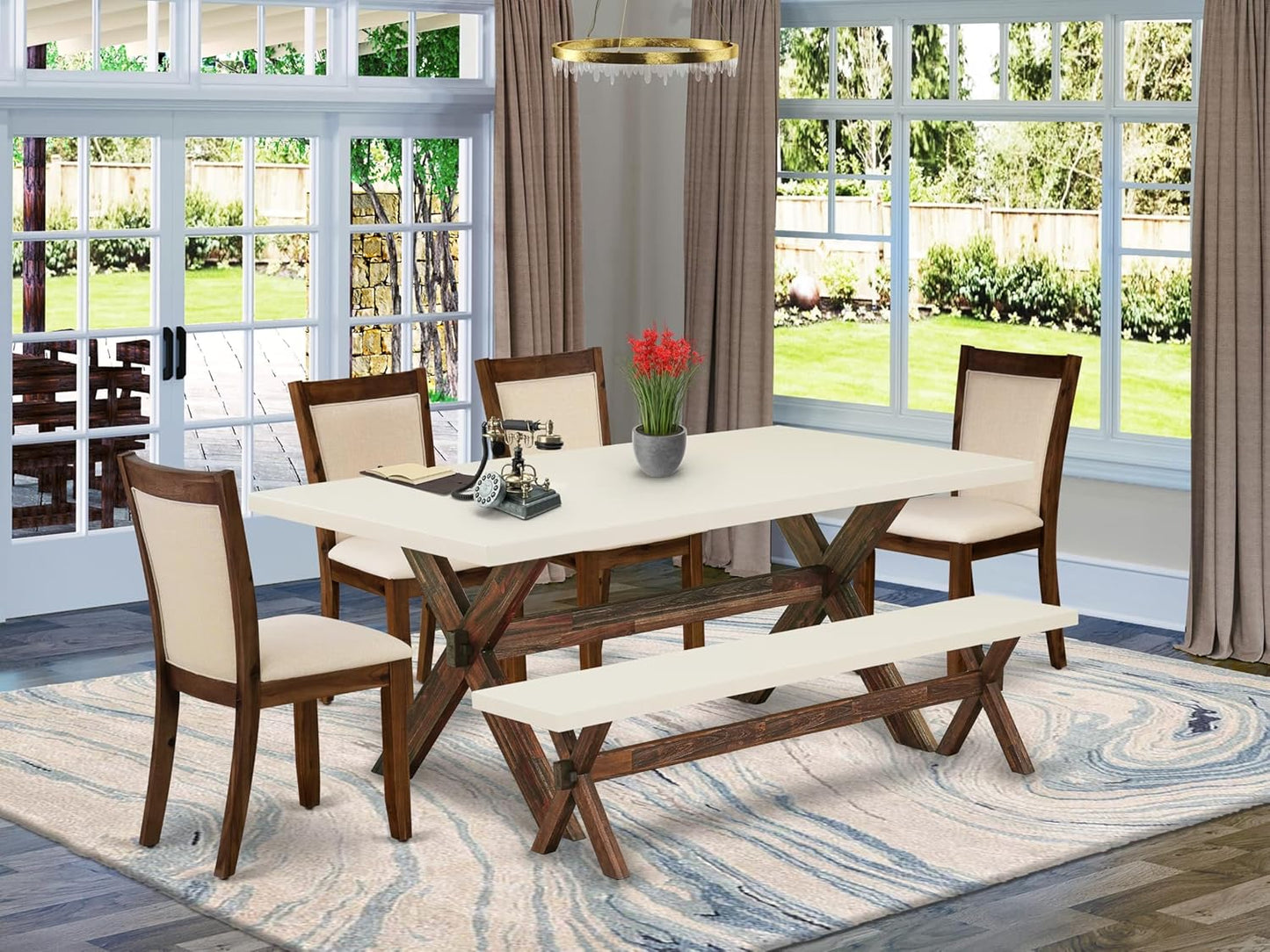 East West Furniture X727MZN32-6 6 Piece Kitchen Table Set Contains a Rectangle Dining Table with X-Legs and 4 Light Beige Linen Fabric Parson Chairs with a Bench, 40x72 Inch, Multi-Color