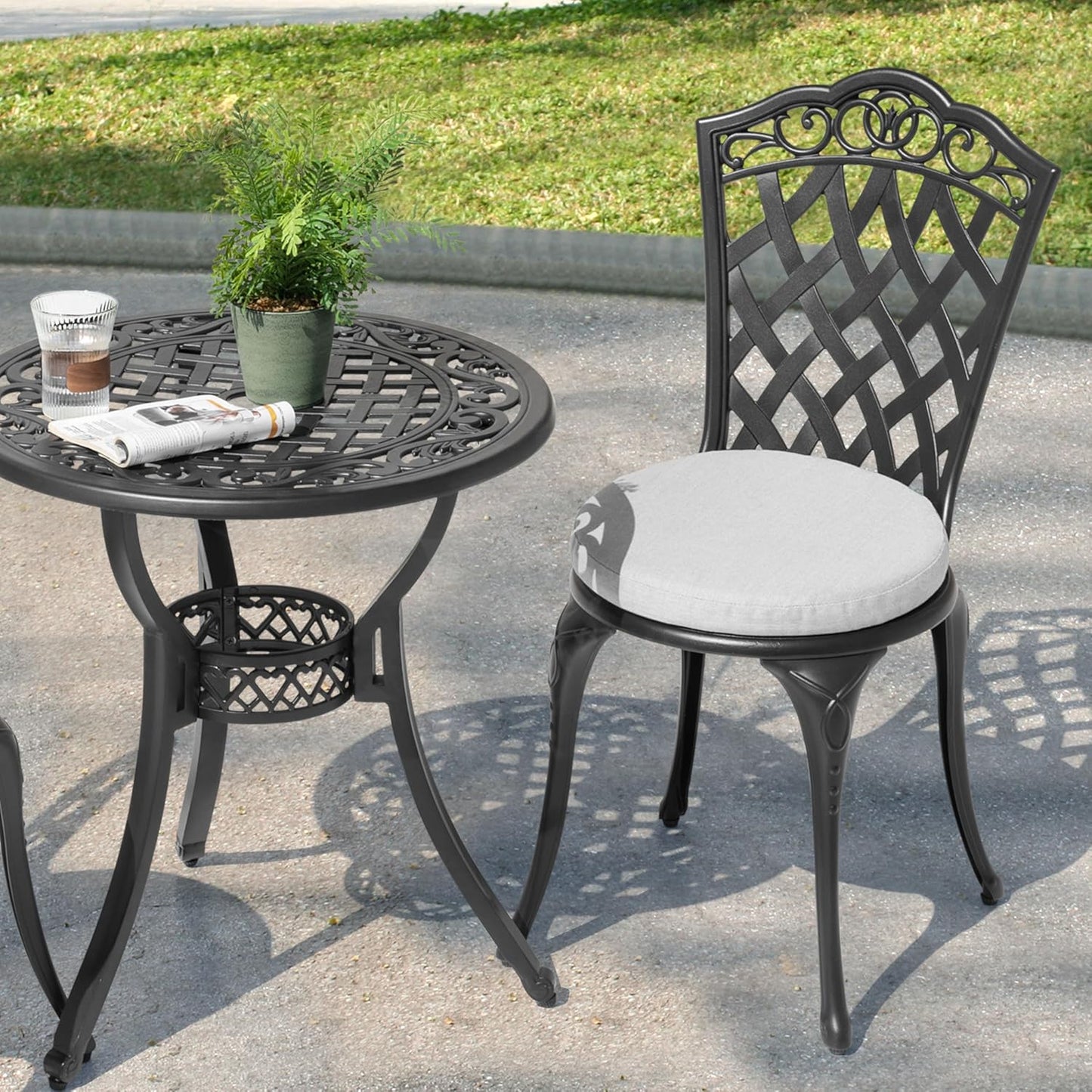 NUU GARDEN 3-Piece Patio Bistro Set Outdoor Cast Aluminum Bistro Table and Chairs Set of 2, Outdoor Patio Bistro Set with Umbrella Hole and Gray Cushions for Patio Balcony, Black