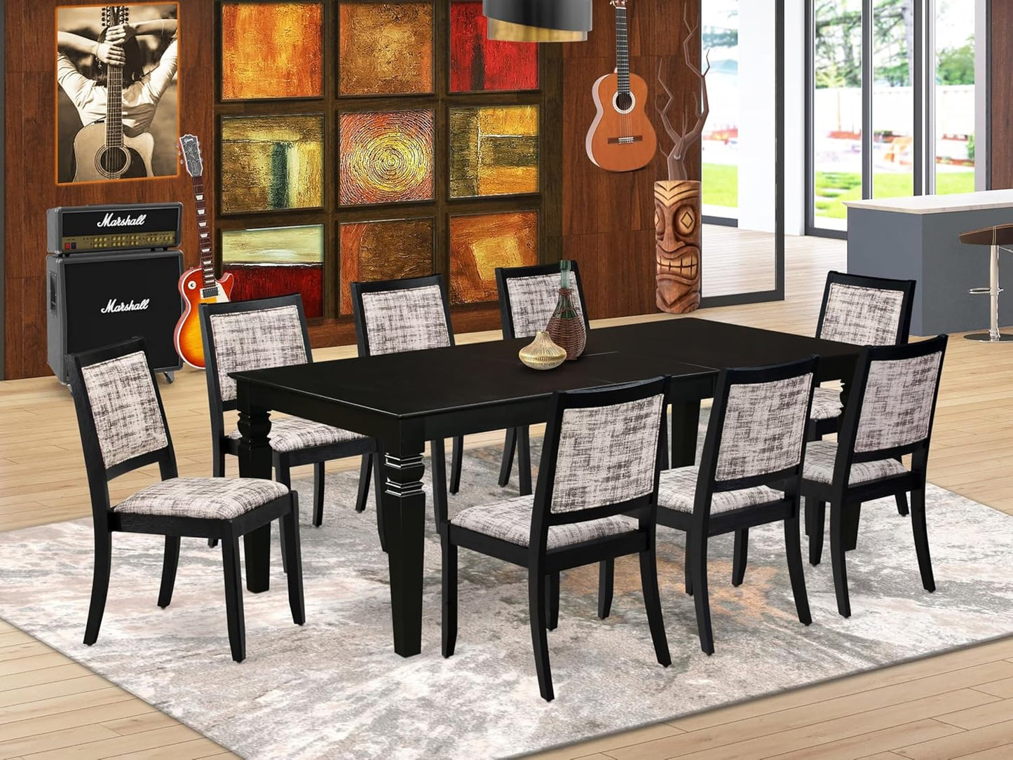 East West Furniture LGX29-BLK-30 -9 Piece Dining Set Includes a Rectangular Kitchen Table with Black Tabletop and 8 Stackable Polyester Fabric Chairs, Black