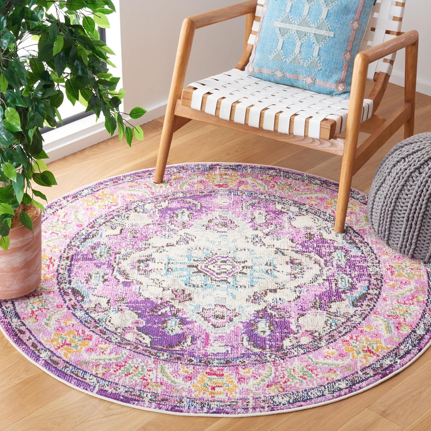 SAFAVIEH Monaco Collection Area Rug - 5' Round, Violet & Light Blue, Boho Chic Medallion Distressed Design, Non-Shedding & Easy Care, Ideal for High Traffic Areas in Living Room, Bedroom (MNC243L)