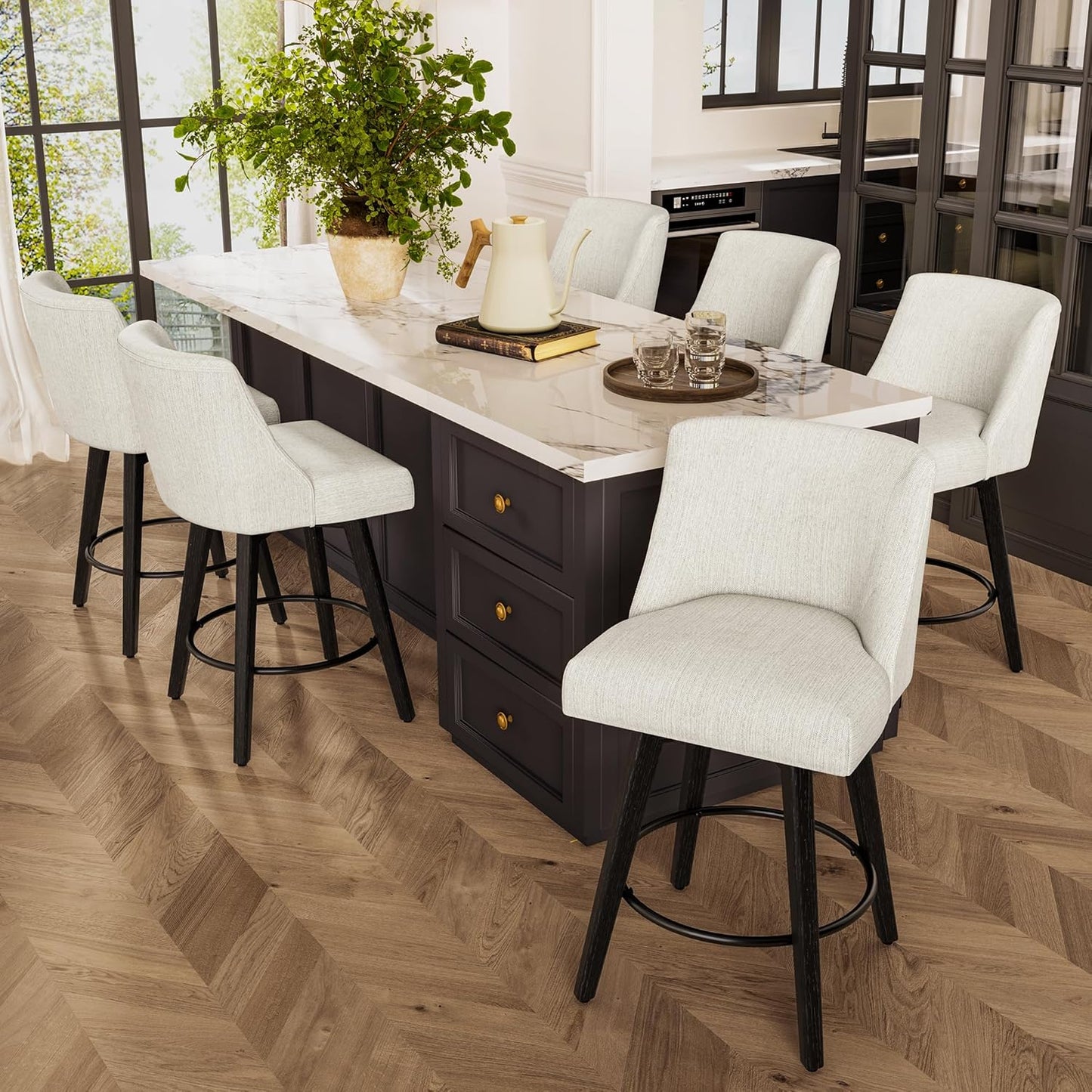 Counter Height Bar Stools Set of 6, Modern Swivel Barstools with Back and Wood Legs, Linen Fabric Upholstered Bar Chairs, 26" H Kitchen Counter Stools, Kitchen Island Home Bar, Ivory