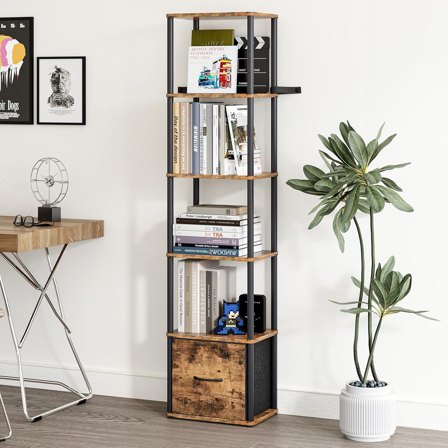 6-Tier Bookshelf with Drawer,Narrow Bookshelves Organizer,Floor Standing Ladder Shelf,Tall Bookcase for Small Space,Book shelf with Storage for Living Room, Bedroom, Office, Study Rustic Brown HBC505R