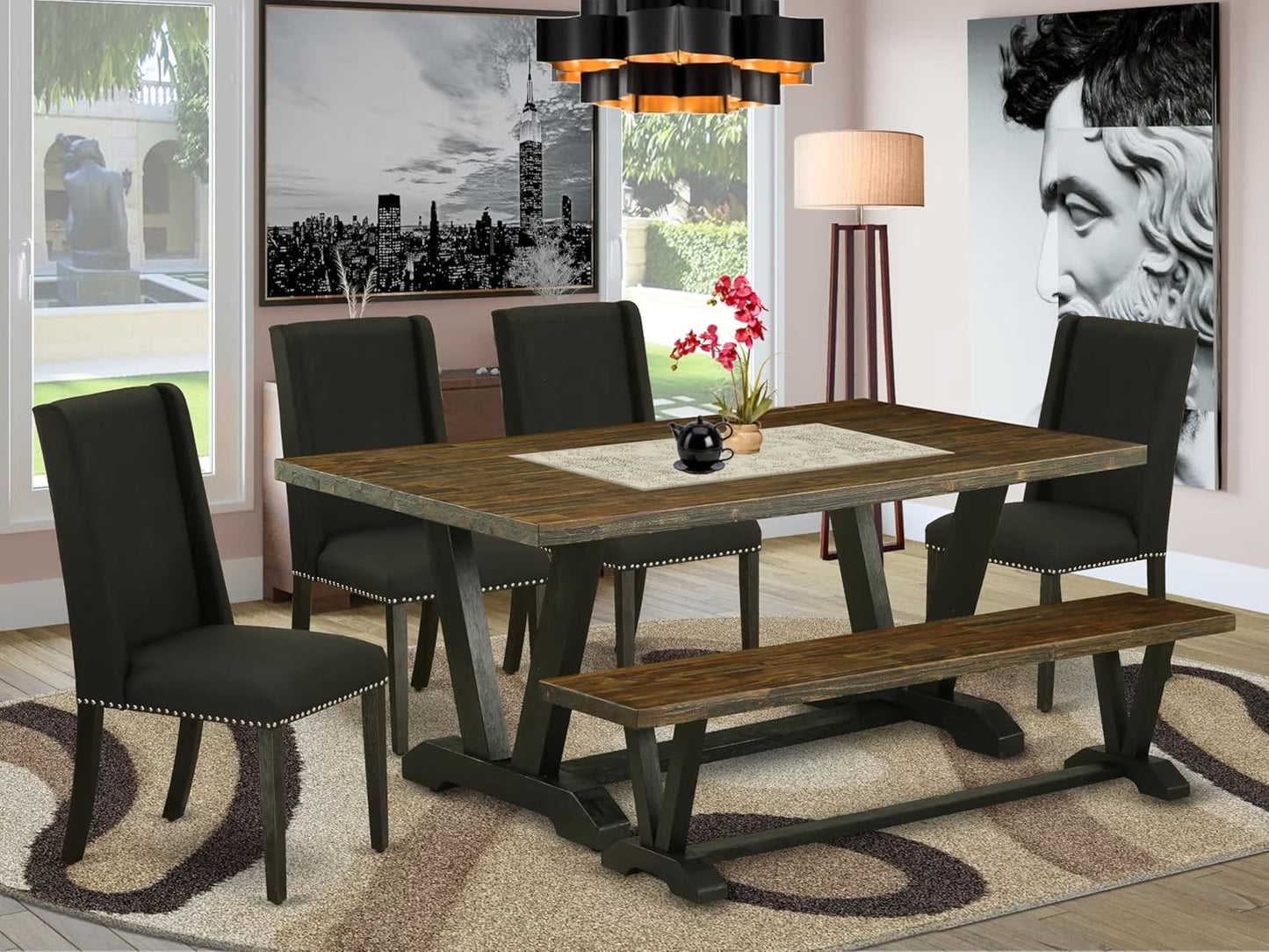 East West Furniture V677FL624-6 6 Piece Dining Room Set Contains a Rectangle Dining Table with V-Legs and 4 Black Linen Fabric Parson Chairs with a Bench, 40x72 Inch, Multi-Color
