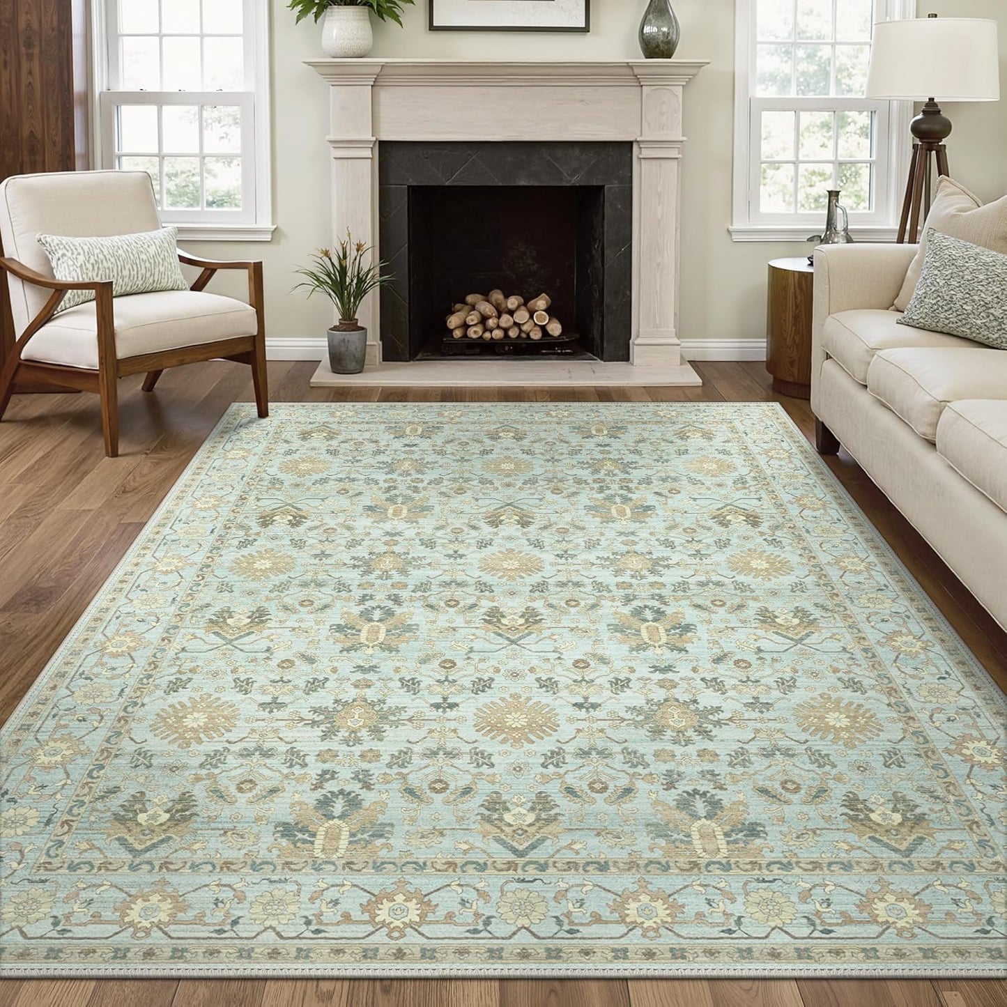 8X10 Area Rugs Machine Washable Runner Rugs for Living Room Bedroom Hallway, Non Slip Indoor Soft Accent Distressed Boho Vintage Print Lightweight Thin Low Pile Carpet, Misty Blue