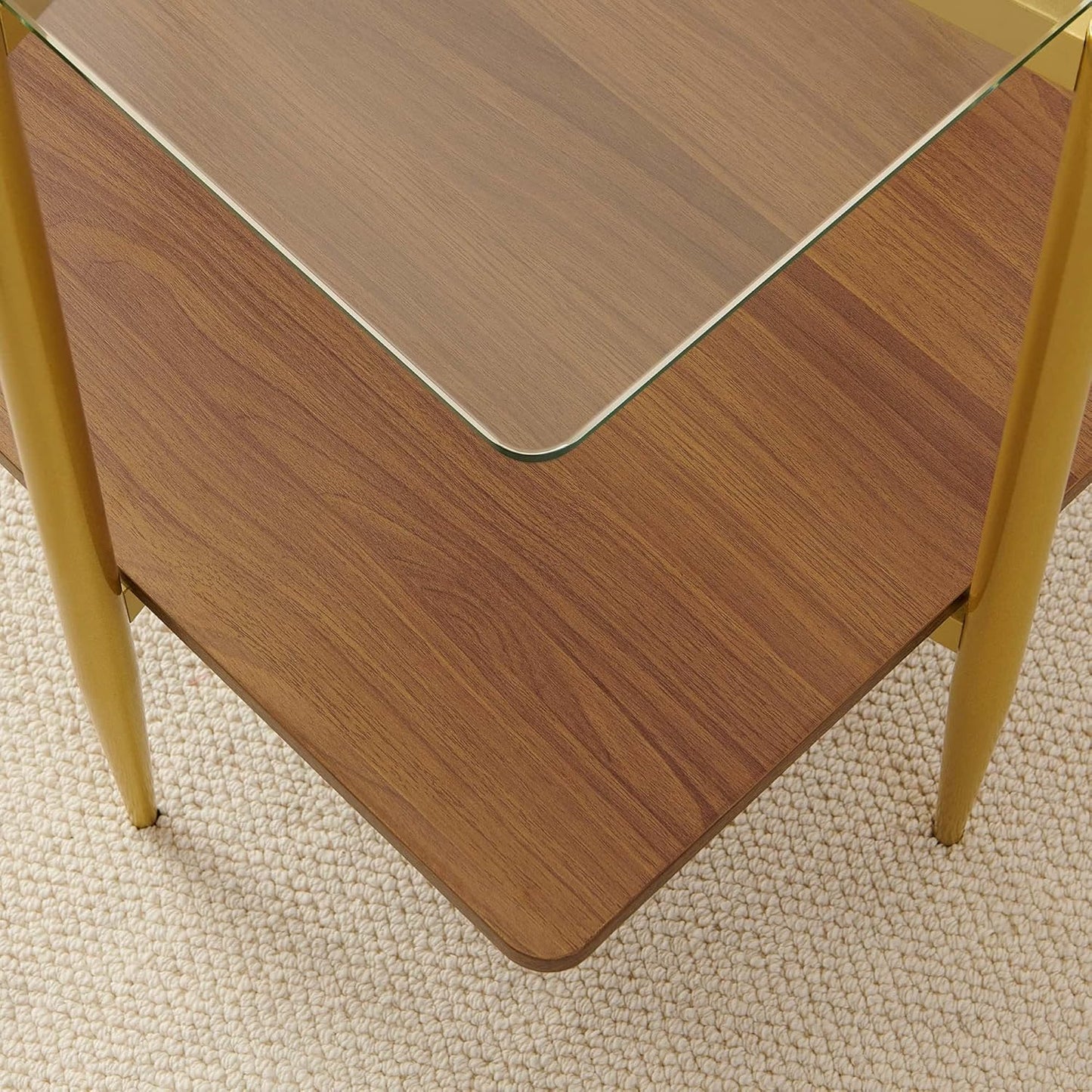 Square Glass End Table, Mid-Century Modern Sofa Table, L20*W20*H23 inch for Living Room, 2-Tier Structure, Clear Glass Top and Walnut MDF Shelf, Sleek Conical Metal Legs with Gold Finish