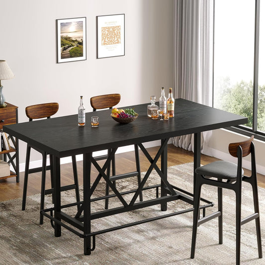 Tribesigns Bar Table, Industrial Counter Height Pub Table with Metal Footrest, 63-Inch Rectangle Wood Kitchen Dining Table with Sturdy Metal Frame for Dining Room, Home Bar (Black)