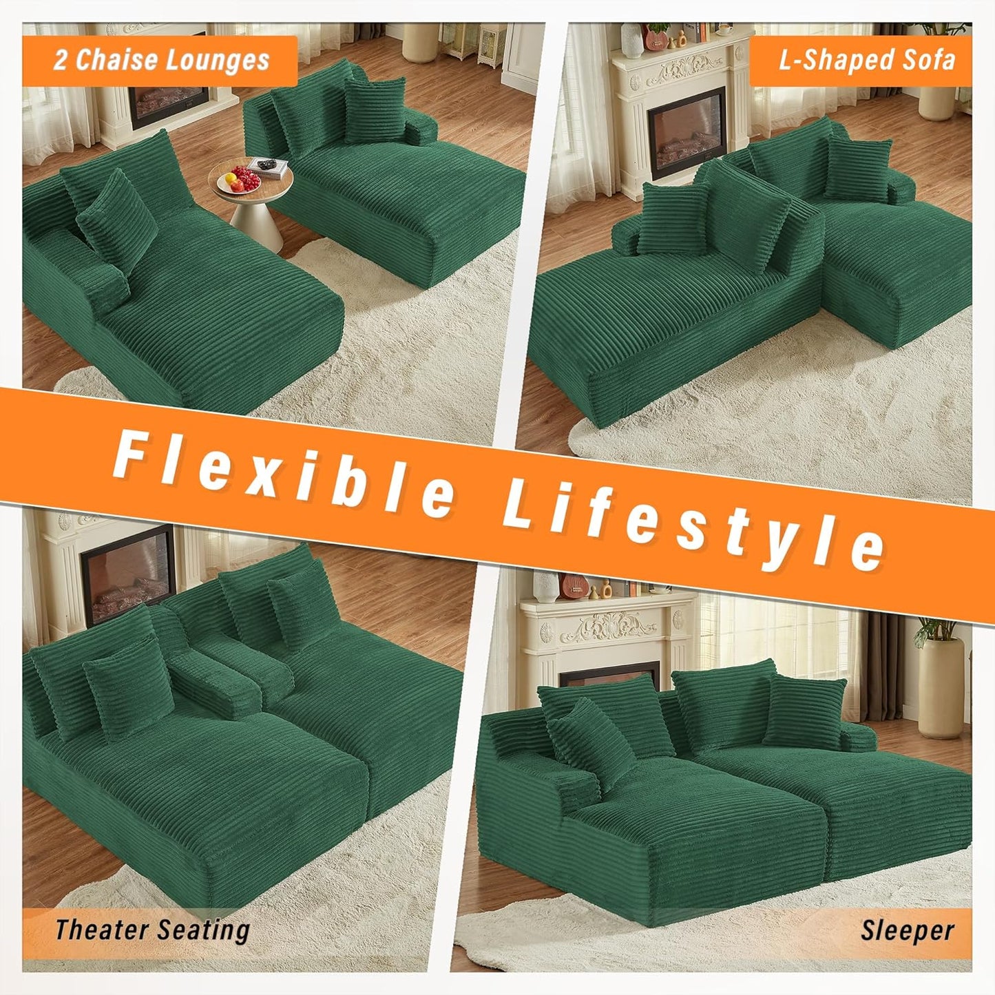 ERYE 79" Oversized Double Chaise Lounge Indoor Sleeper Recliner Sofabed with 4 Pillows, Fluffy Corduroy Loveseat Sleeper Chaise Daybed 2 Pieces Boneless Chair Sofa Bed for Living Room Bedroom Reading