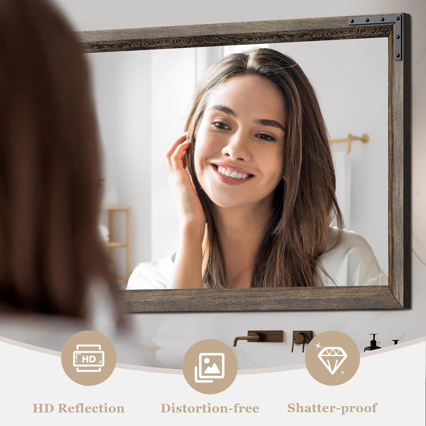 YOSHOOT Farmhouse Bathroom Mirror, Rustic Wooden Framed Mirror, Wood Vanity Mirror, Solid Wood & Handmade, Vertical or Horizontal Hanging for Bathroom Entryway Living Room Bedroom, 32" x 24", Brown