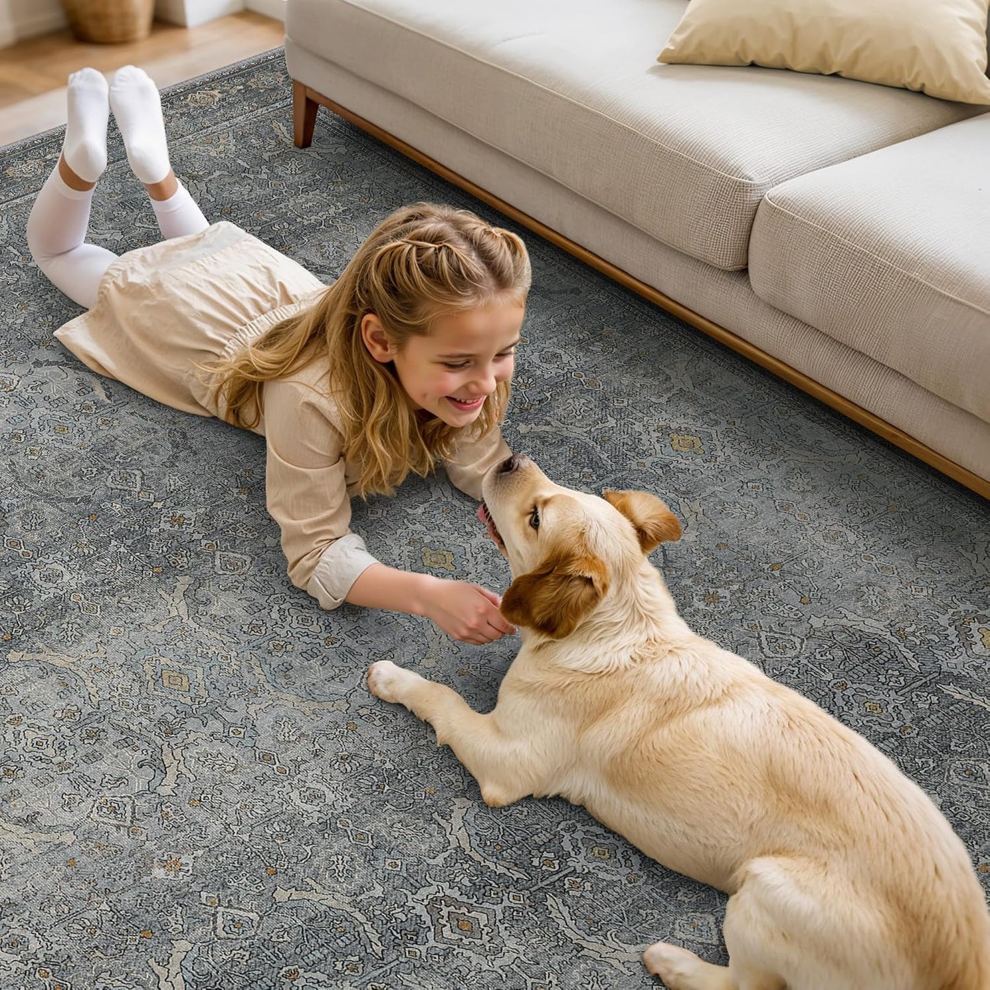 8X10 Area Rugs Machine Washable Rugs for Living Room, Vintage Boho Large Rugs for Bedroom Dining Room, Non Slip Indoor Soft Distressed Lightweight Thin Low Pile Carpet, Slate Grey