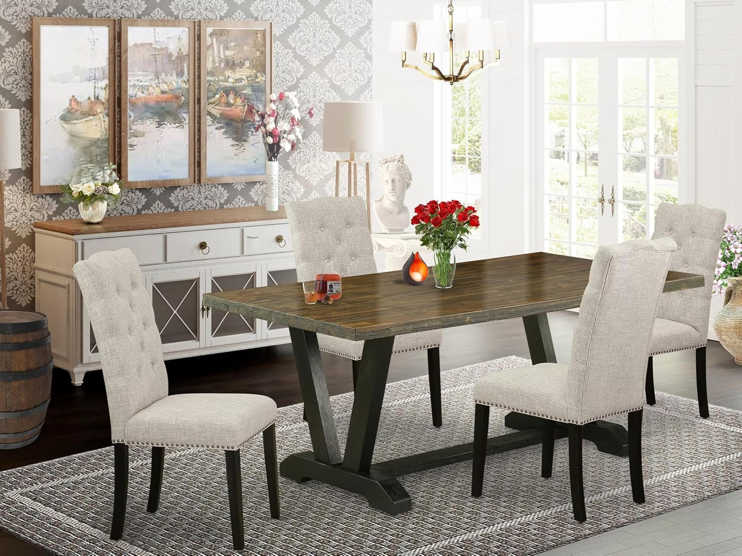 East West Furniture V677EL635-5 5 Piece Modern Dining Table Set Includes a Rectangle Wooden Table with V-Legs and 4 Doeskin Linen Fabric Upholstered Chairs, 40x72 Inch, Multi-Color