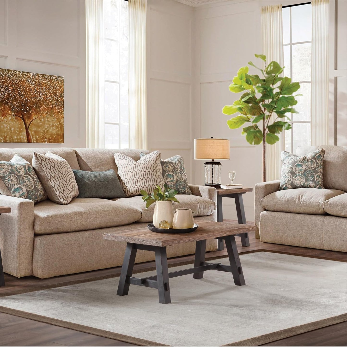 Alaterre Furniture Adam 42-Inch Solid Wood Rustic Coffee Table - Easy Assembly Industrial Style with Natural Finish Living Room Accent Furniture