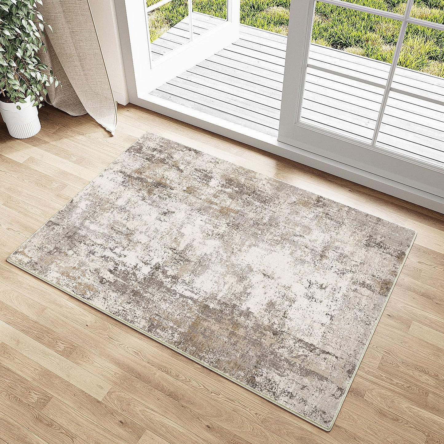 2x3 Washable Area Rug Brown Grey Neutral Abstract Entryway Kitchen Non Slip Low Pile Throw Rug Living Room Bedroom Indoor Doormat Small Soft Carpet for Entrance Bathroom