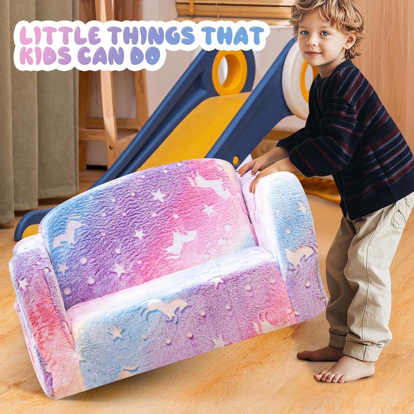 Lamerge 2-in-1 Toddler Couch,Glow in The Dark Baby Floor Bed,Foldable Toddler Chair Kids Sofa for playroom,Convertible Sofa to Lounger for Girls and Boys (Rainbow and Unicorn)