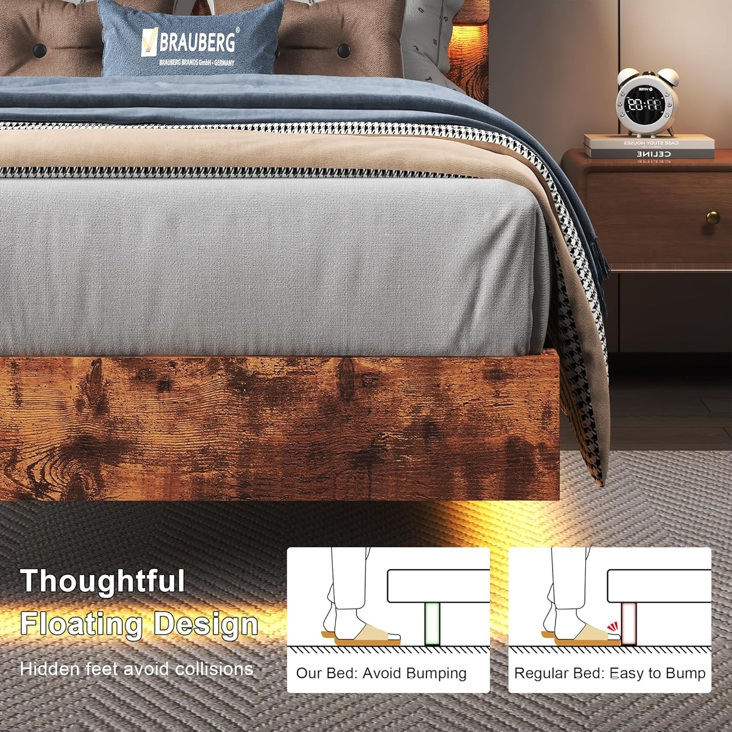 Feonase Twin Floating Bed Frame with Led Lights and Charging Station, Wood Twin Size Bed Frame with Storage Headboard, Heavy Duty Metal Slats, No Box Spring Needed, Easy Assembly, Vintage Brown