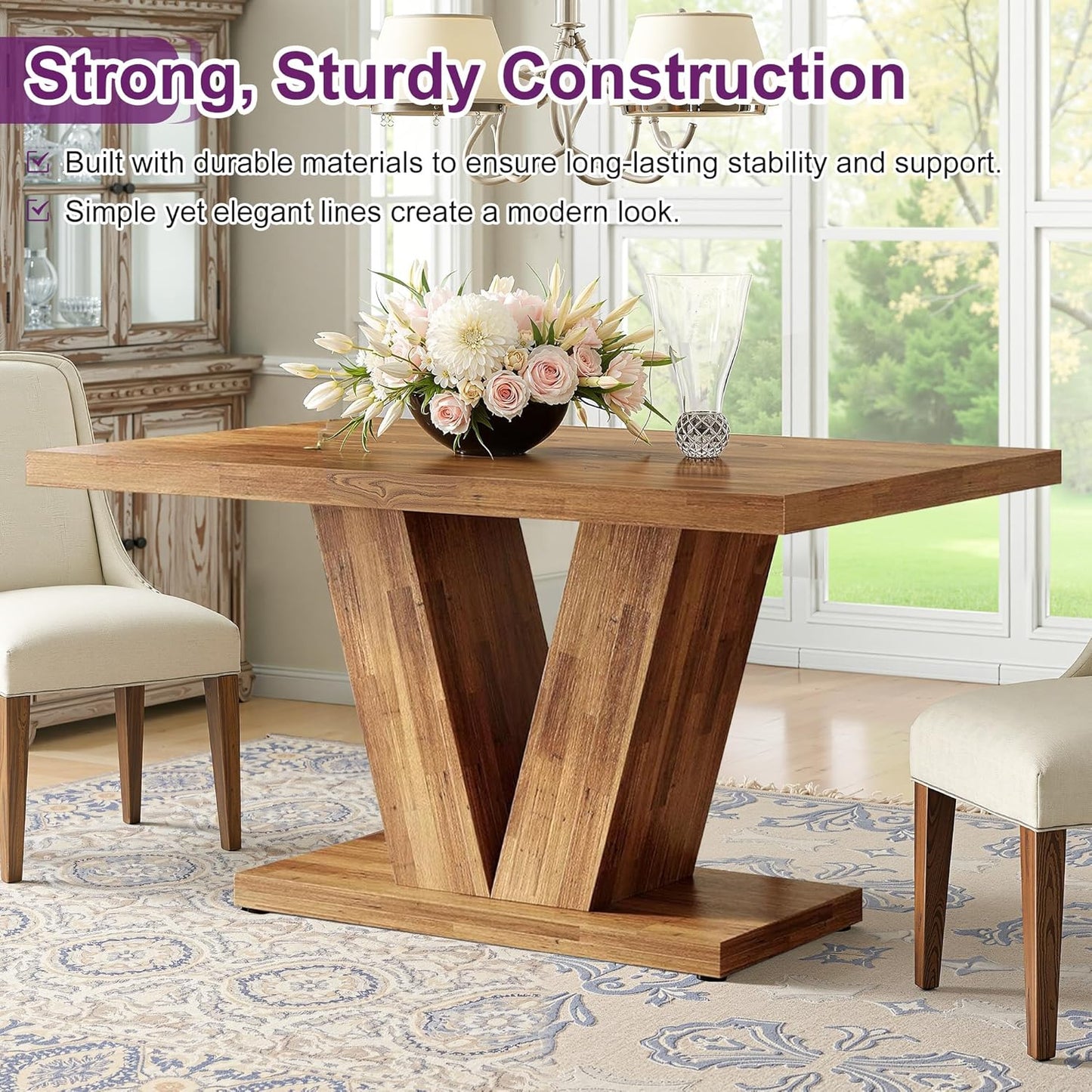 47" Dining Table, Wooden Kitchen Dinner Table Heavy Duty, Farmhouse Table for Dining Room, Living Room Space Saving, Brown