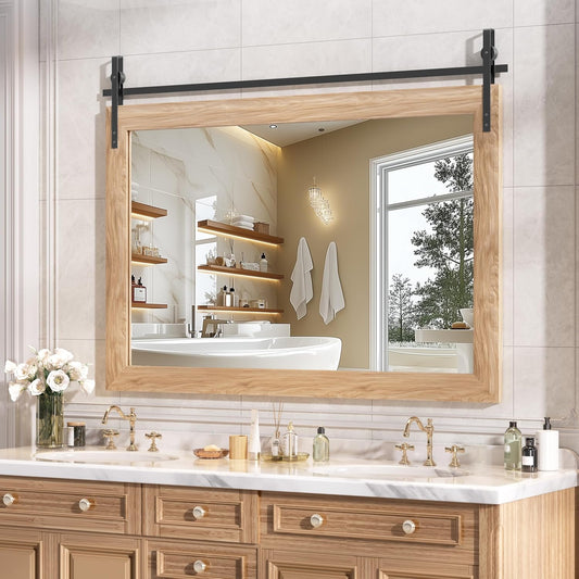 Hasipu Farmhouse Bathroom Mirror, 48"x32" Rustic Wood Framed Wall Mounted Mirror, Brown Vintage Vanity Mirror Barn Door Style Decrative Mirrors