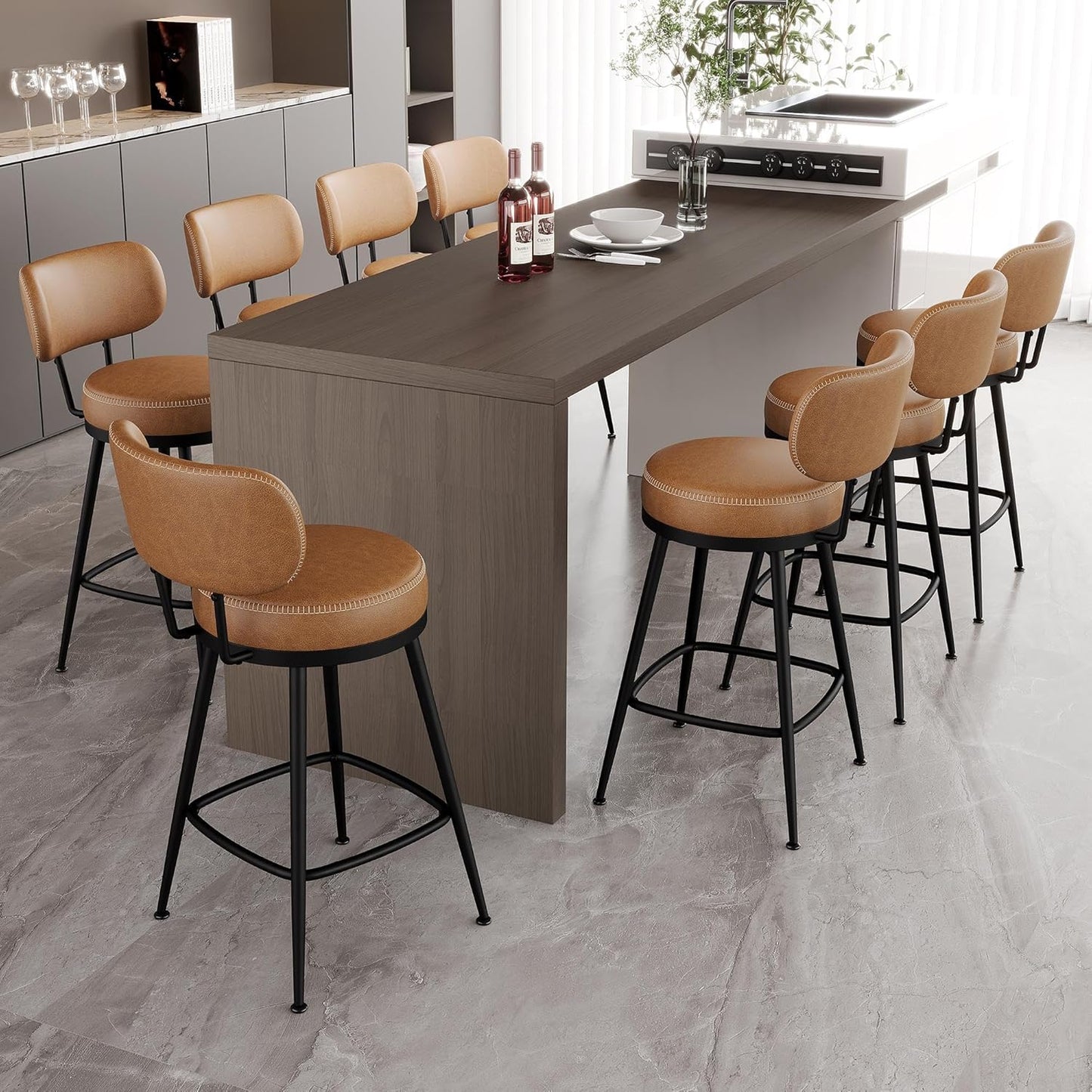 Counter Height Bar Stools, 26" H Swivel Barstools Set of 8, Faux Leather Kitchen Counter Stools with Back and Stylish Stitching, Metal Frame, Pub, Home Bar, Whisky Brown