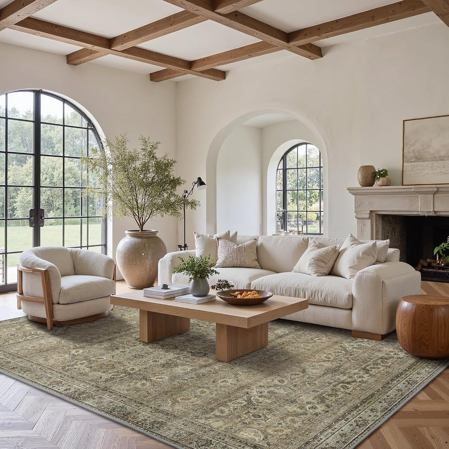 8X10 Area Rugs Machine Washable Rugs for Living Room, Vintage Boho Large Rugs for Bedroom Dining Room, Non Slip Indoor Soft Distressed Lightweight Thin Low Pile Carpet, Muted Sage