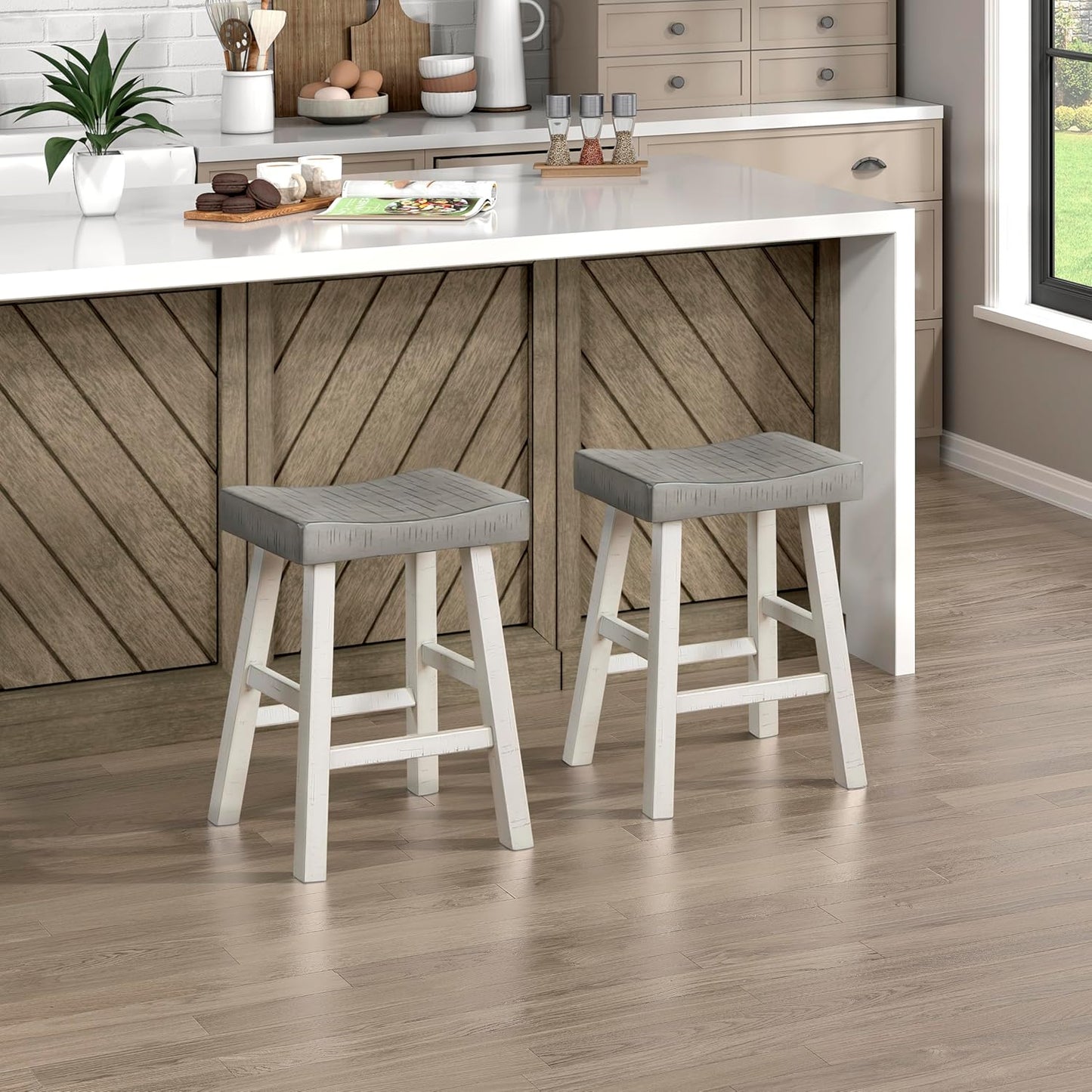 Lexicon Saddle Bar Stools Set of 2 Barstools with Footrest, Armless Dining Chairs for Kitchen Island, Breakfast Nook, Living Room, Counter Height, White/Coffee